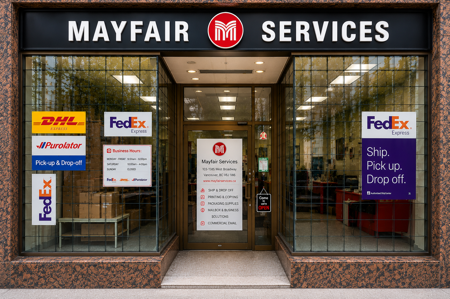 Mayfair Services storefront on West Broadway in Vancouver